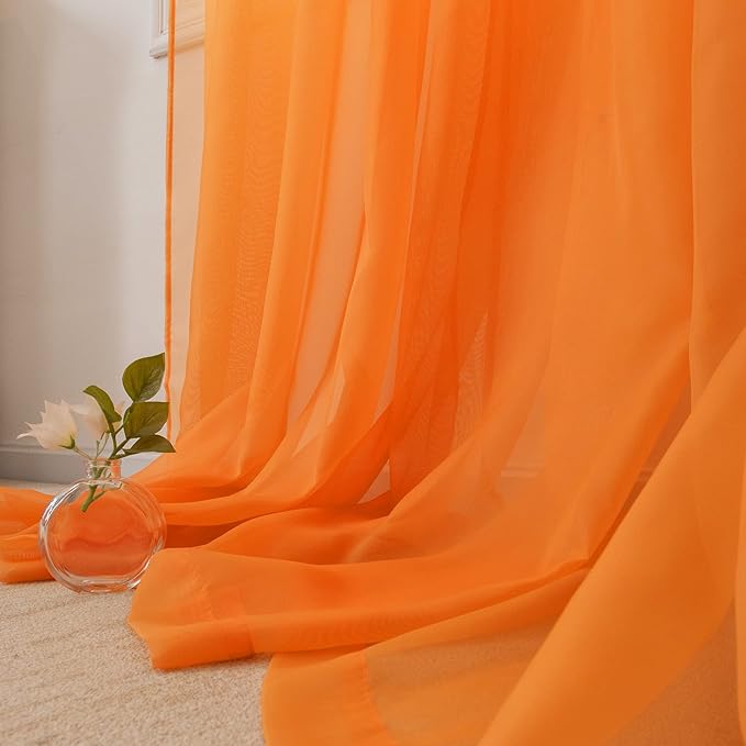 HUTO Orange Sheer Curtains 96 inches Long for Bedroom Top Rod Pocket Sheer Window Panels Curtains for Nursery Living Room 52 by 96 Inch Length Set of 2
