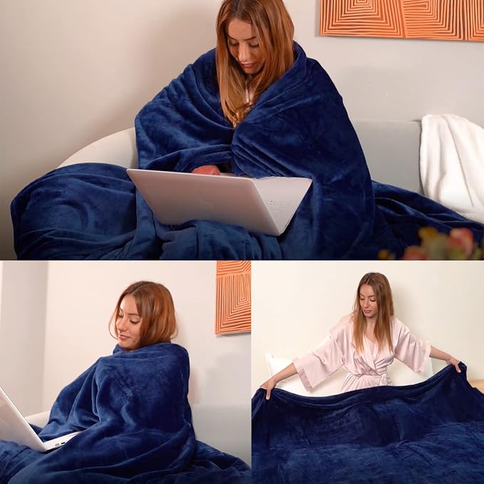 Fleece Plush Throw Blanket Navy Blue 50"x60"for Couch Fuzzy Cozy Flannel | - Image 2