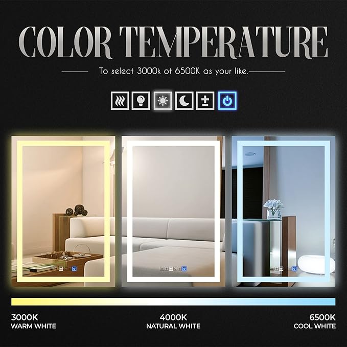 Fab Glass and Mirror LED Mirror 36x48 Inches, Led Bathroom Mirror with Lights Front and Backlit Anti-Fog Memory Brightness, Three Color Options Frameless Wall Mounted Bathroom Vanity Mirror