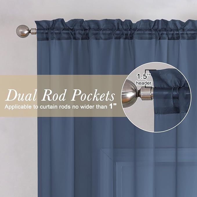 Navy Blue Sheer Valances for Windows 18 Inch Length 2 Pcs, Cafe Kitchen - Image 2