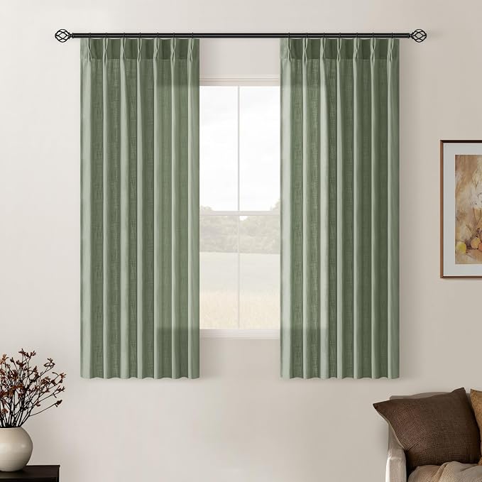 Sage Green Pinch Pleated Linen Semi Sheer Curtains 45 Inch Length 2 Panels | by Twodrapes