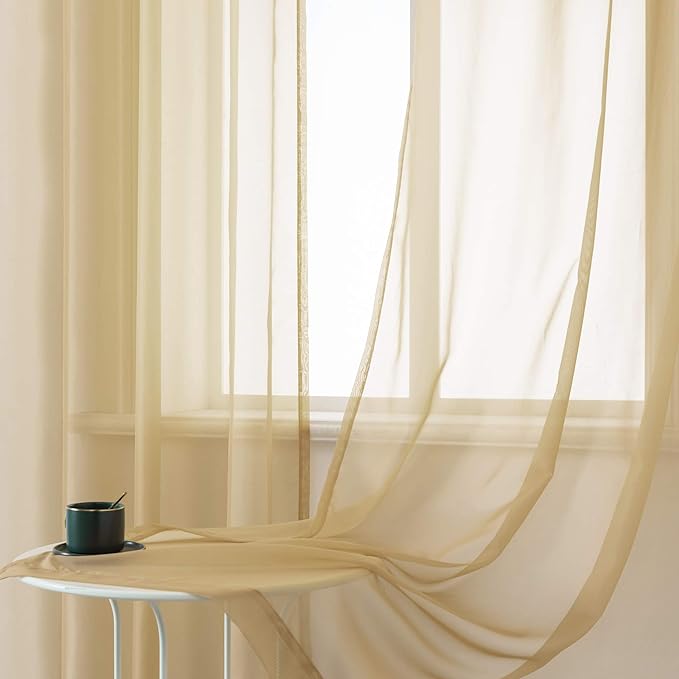 DUALIFE Tan Beige Sheer Curtain 108 Inch Length Light Brown Semi Voile Sheer Curtains Window Drapes for Living Room and Bedroom Window Treatments 2 Panels 52x108 Inches Long 9 FT Natural Taupe