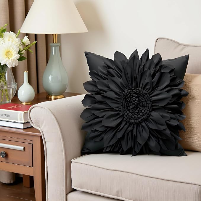 Black Accent 3D Flower Decorative Throw Pillow Covers - Image 2