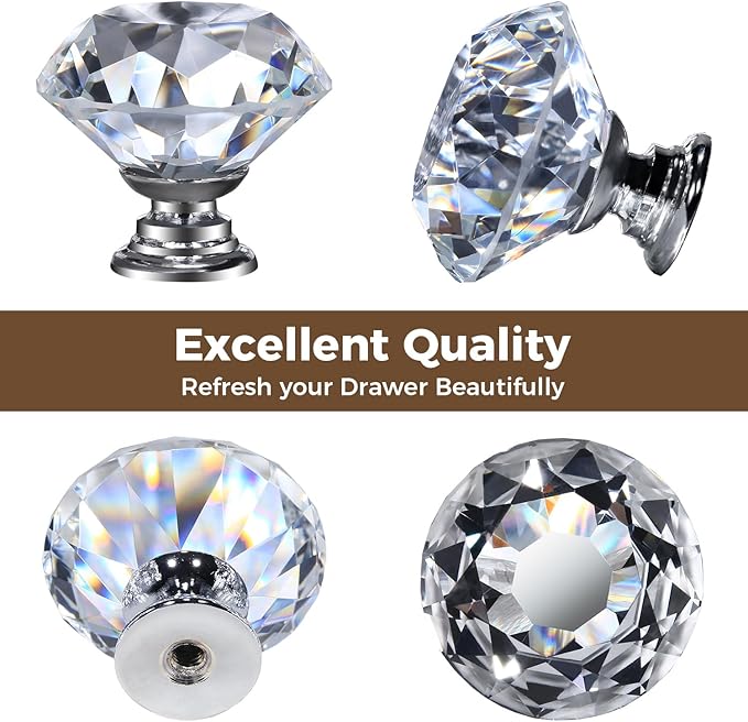 DEELF 24 Packs Kitchen Cabinet Knobs, 40 mm Crystal Cabinet Knobs, Diamond Dresser Handle Drawer Pulls, Dresser Knobs for Cabinets and Drawers, Silver Base