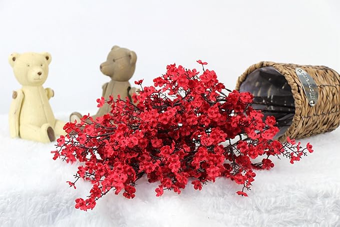 JAKY-Global Babys Breath Fabric Cloth Artificial Flowers 12 Bundle European Fake Silk Plants Decor Wedding Party Decoration Bouquets Real Touch DIY Home Garden (Red 12pcs)