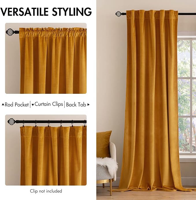 MIULEE Velvet Blackout Curtains 52x96 inches 2 Panels Mustard Yellow | Luxury - Image 2
