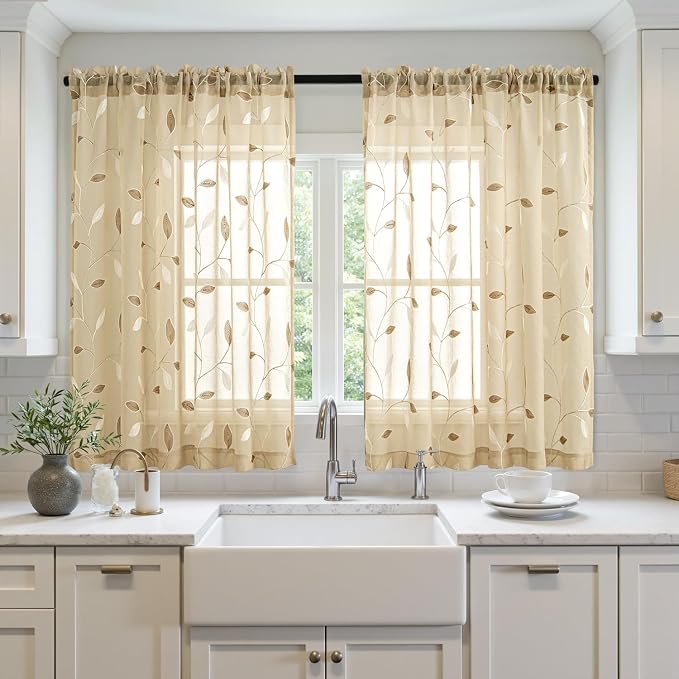 MIULEE Beige Sheer Curtains 2 Panels Embroidered Leaf Patterned, W52 x L45 | - Image 2