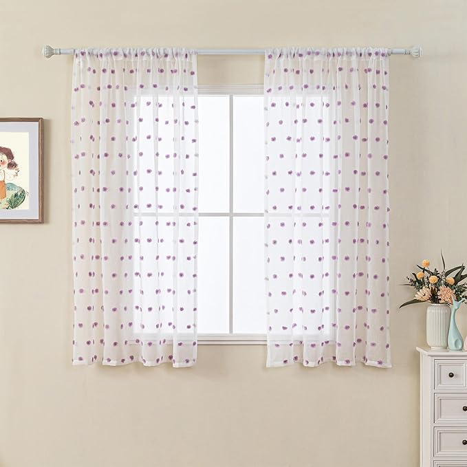 MYSKY HOME White Sheer Curtains for Bedroom 63 Inch Length Purple Pom Pom Short Curtains for Girls Room Kids Curtains Dining Room Rod Pocket Light Filtering Small Window Drapes 52 x 63 in 2 Pieces