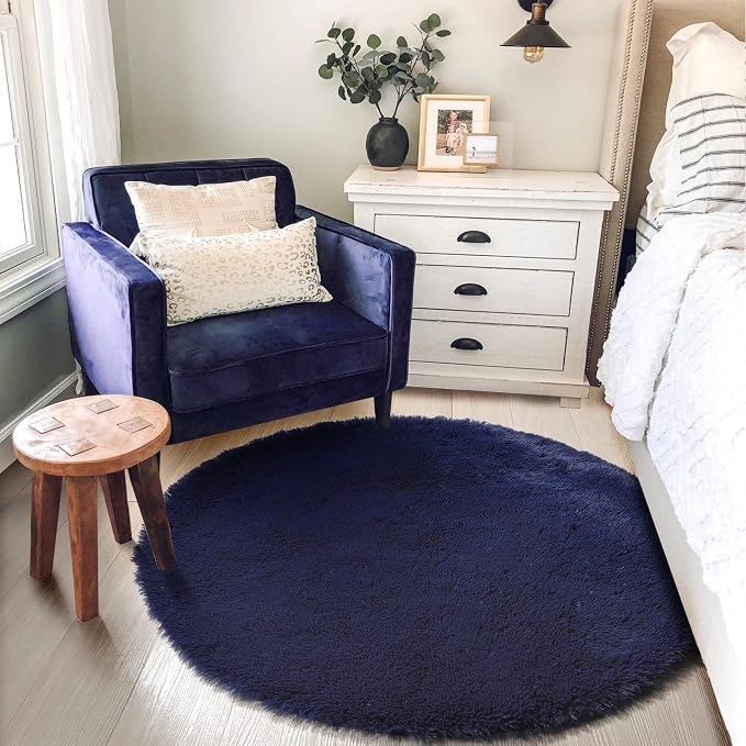 Amdrebio Dark Navy Blue Round Rug 4Ft - Image 3