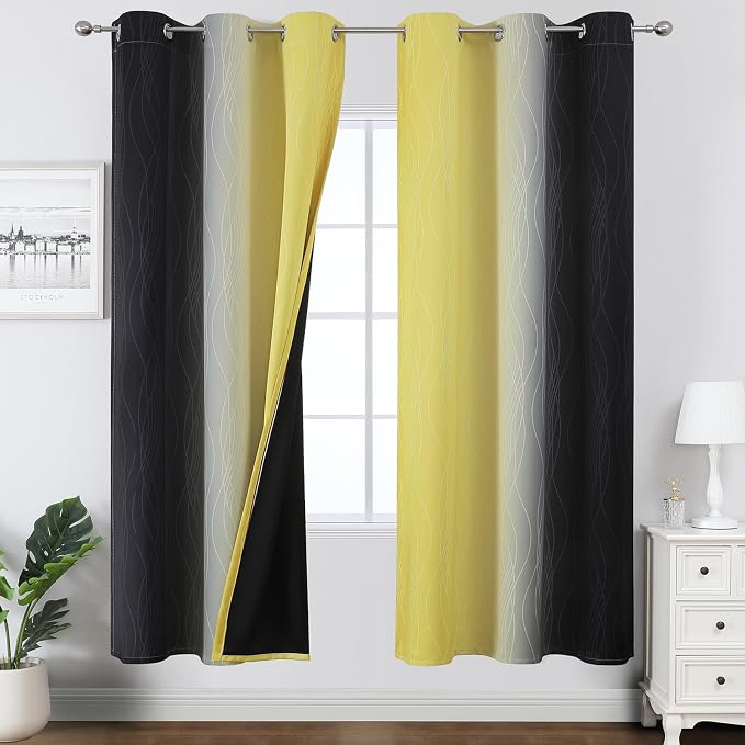 Black and Yellow Ombre Blackout Curtains 72 Inches Long | Room Darkening by ESTELARTEXTILER