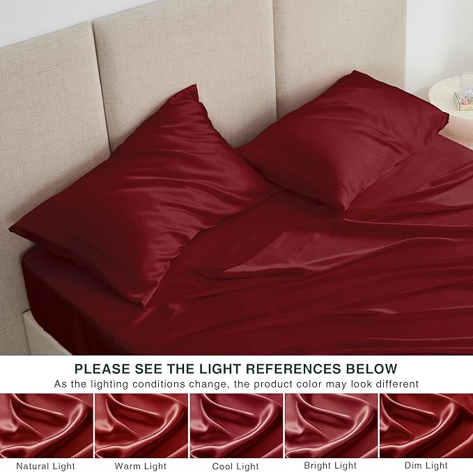 Love's cabin Twin Satin Sheets Sets - 3 Piece Burgundy Silky Bed Sheets with Deep Pockets, Luxury Silk Feel Satin Twin Size Sheet Set Bedding Set (1 Flat Sheet,1 Fitted Sheet,1 Pillow case)