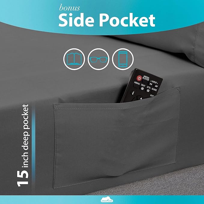 DREAMCARE Twin XL Sheet Sets – 3pcs Cooling Sheets – up to 15” Deep Pocket Twin XL Sheets Set – Hotel Luxury Sheets & Pillowcases – Superior Softness 100% Fine Microfiber with Side Pocket – Dark Gray