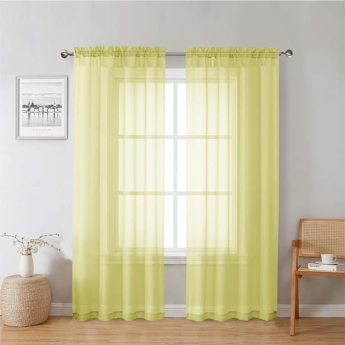 Lemon Sheer Curtains 72 Inches Long 2 Panels, Solid Voile Rustic Window Curtains by Lecloud