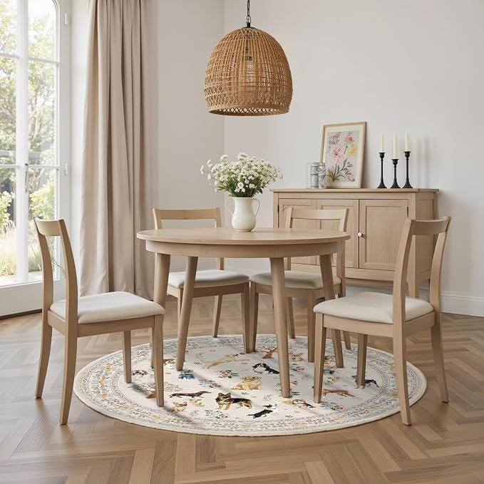 Beige 4Ft Round Area Rug for Living Room Bedroom | Stain Resistant; Non Slip; - Image 5