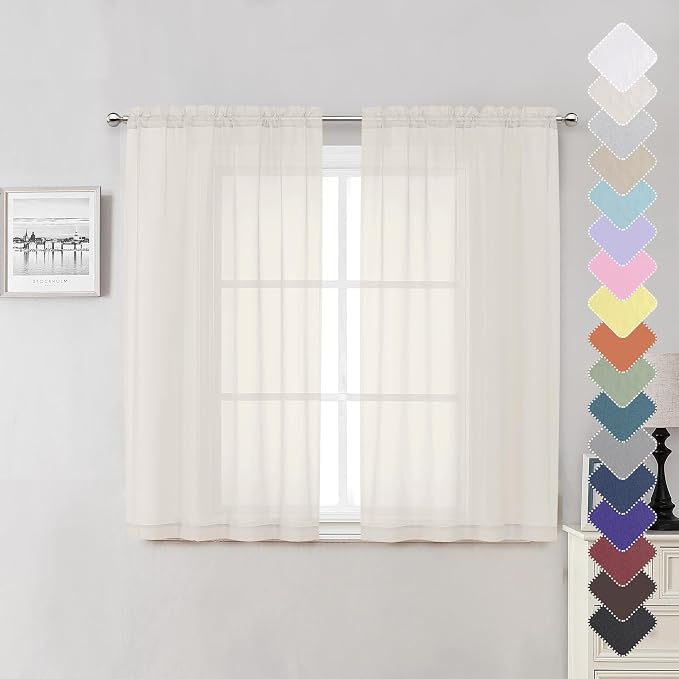 Short Sheer Curtains 54 Inches Length 2 Panels, Light Filtering Voile Curtain by Lecloud