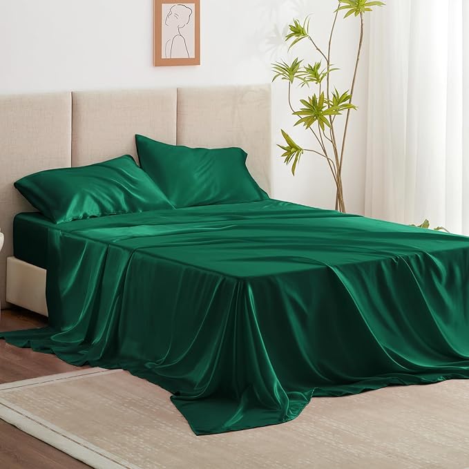 Love's cabin Satin King Sheet Sets - 4 Piece Dark Green Silky Sheets King Size Bed with Deep Pocket, Luxury Silk Feel King Size Satin Sheet Set (1 Flat Sheet,1 Fitted Sheet,2 Pillow Cases)