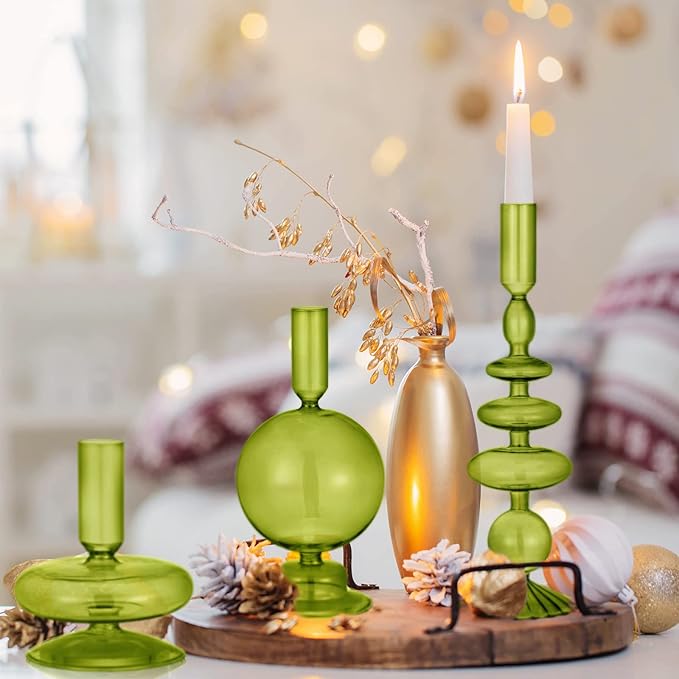 Rtteri 3 Pcs Glass Candlestick Holders Glass Candle Holders Groovy Wavy Elegant Taper Candle Stick for Wedding Home Birthday Party Christmas Halloween Decoration Windowsill Decor(Green)