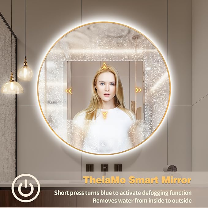 32" Round LED Bathroom Mirror, Wall Mounted Round Backlit Mirror LED Bathroom Vanity Mirror with Lights Fog Free Circle Lighted Mirror with Gold Frame, Smart Light up Mirror 3-Color