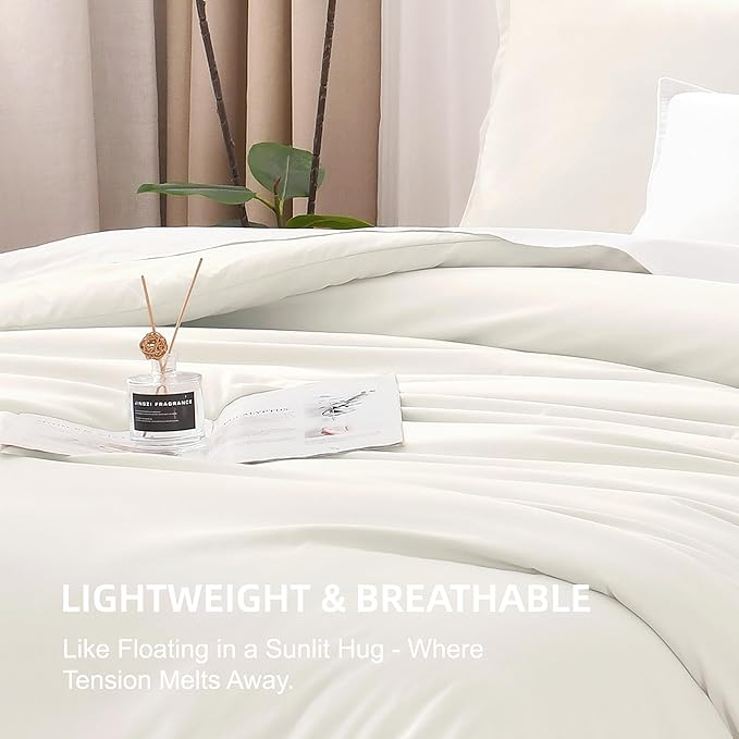 Litanika Ivory Comforter Set Queen Size, 3 Pieces Lightweight Solid Bedding Comforter Set, All Season Fluffy Bed Set (90x90In Comforter & 2 Pillowcases)