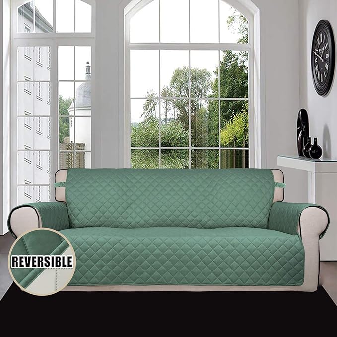 Easy-Going Reversible Couch Cover, 3 Cushion Sofa, Cyan/Ivory | Machine - Image 2