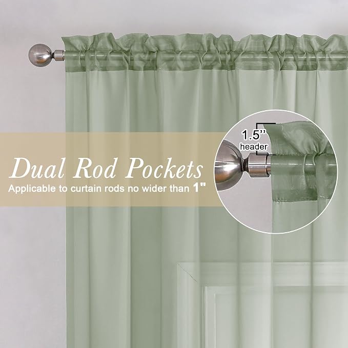 Sage Green Sheer Curtains 96 Inches Long 2 Panels, Solid Airy Voile Dual Rod - Image 4
