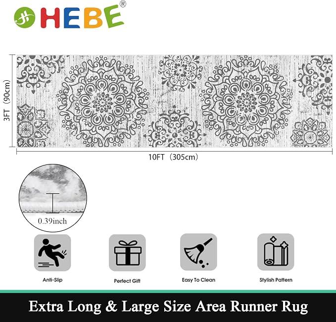 HEBE Hallway Runner Rug 3'x10', Washable Non Slip Kitchen Rug Runner | Soft - Image 2
