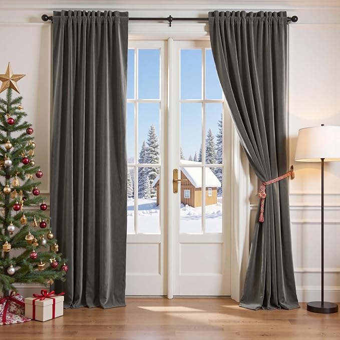 Lazzzy Velvet Blackout Curtains Thermal Insulated Room Window Drapes Super Soft Luxury Curtains for Living Room Bedroom Rod Pocket 2 Panels, Grey, 42" W x 84" L