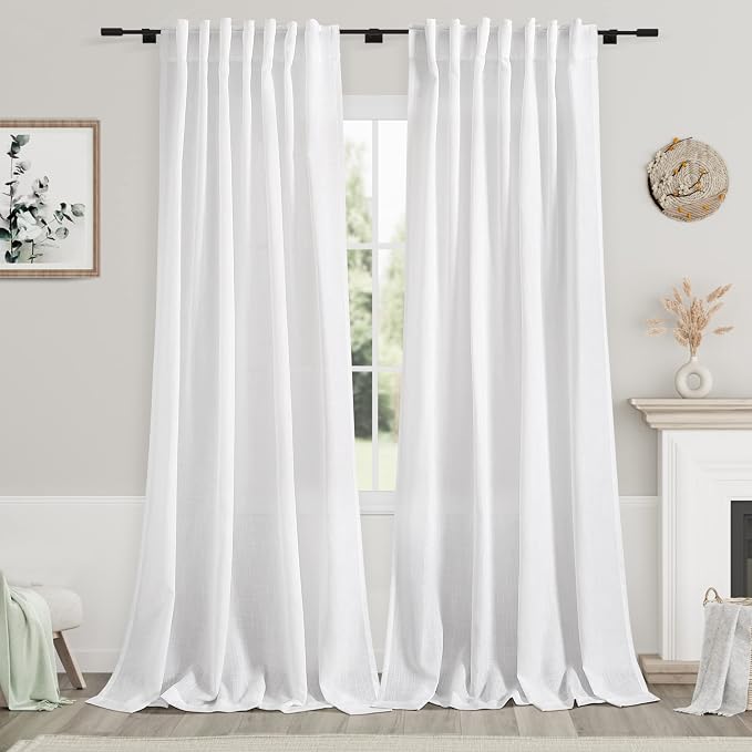 White Linen Curtains for Living Room 101 Inches Long Extra Long Back Tab by Nanspring
