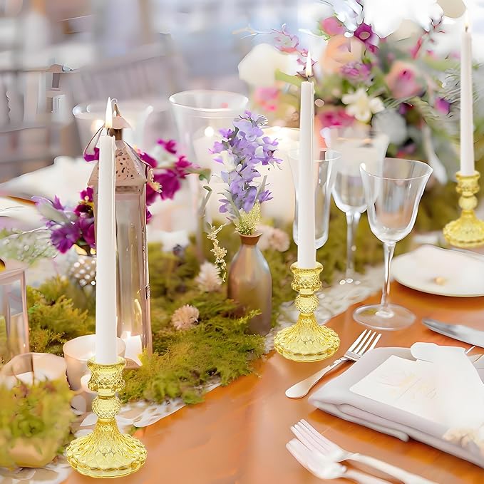 Glass Candlestick Holder,Striped Taper Candle Holders,Set of 6 Candle Stand for Table Centerpieces, Home Decor,Weddings,Festival and Parties (Yellow Dimond)