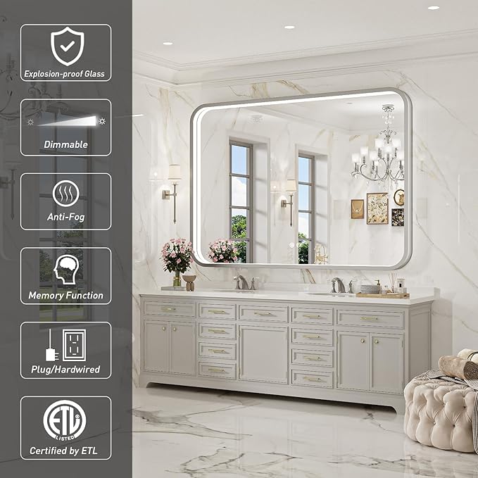 LED Bathroom Mirror with Lights,48x36 Inch Brushed Silver Framed Lighted Vanity Mirror,Anti Fog Stepless Dimmable Wall Mounted(Horizontal/Vertical)