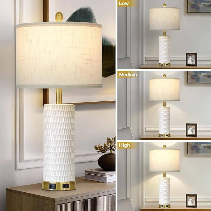27" White Ceramic Lamps for Living Room, 3-Way Dimmable Touch Ceramic Table Lamp Set of 2 for Bedroom，Rustic Farmhouse Bedside Lamp with USB A+C & Outlets, Elegant Bedroom Lamp for Nightstand