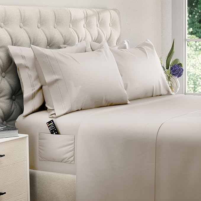 DREAMCARE Queen Sheet Set – 6 pcs Cooling Bed Sheets – up to 21” Deep Pocket Queen Sheets Set – 2500 Supreme Collection – Extra Soft 100% Brushed Microfiber Hotel Luxury with Side Pocket – Beige
