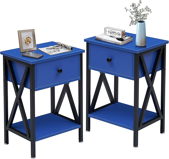 VECELO Nightstands Set of 2, Modern Bedside End Tables, Night Stands with Drawer and Storage Shelf for Living Room Bedroom, Industrial Metal Frame
