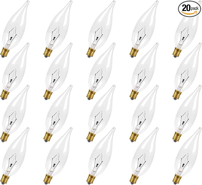E12 Candle Light Bulbs 60W, Warm White 2700K Dimmable Chandelier Light Bulbs for Ceiling Fan or Pendants, CA10 Clear Candelabra Gold Base Bulbs, 20 Pack