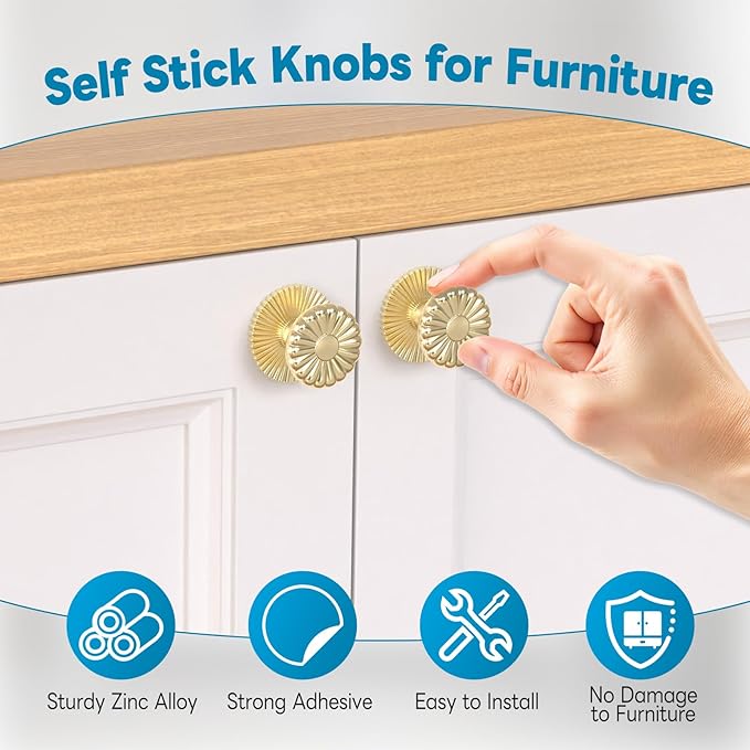 Self Adhesive Drawer Knobs, 4 Pack Self Stick Door Pull Handles, Zinc Alloy No Drilling Cabinet Knobs for Drawer, Closet, Window, Dresser, Sliding Barn/Glass Shower/Balcony Door (4, Gold)