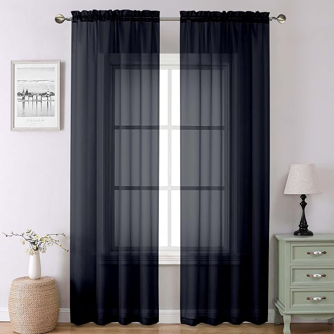 Black Sheer Curtains 90 Inches Long 2 Panels Set, Privacy Voile Light Filtering by Lecloud