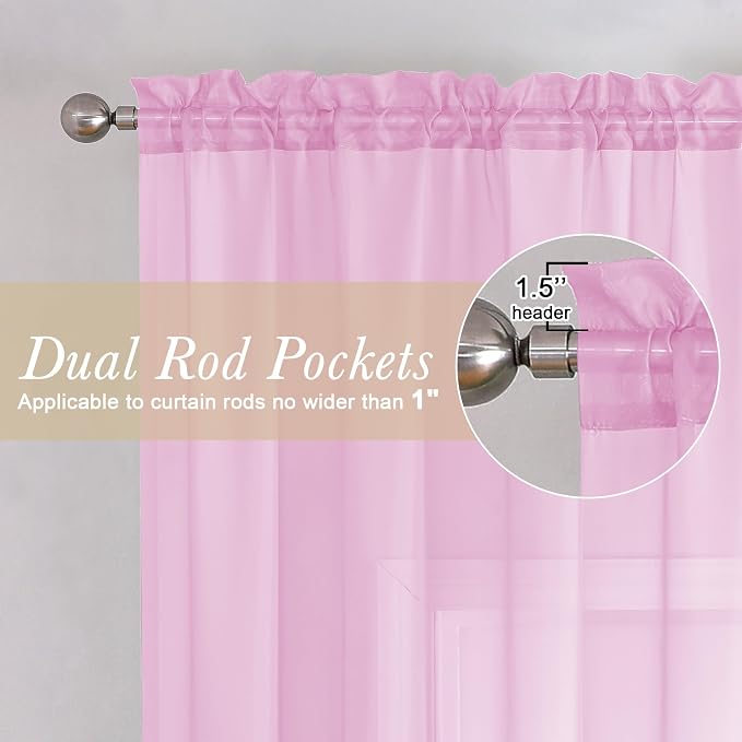 Light Pink Sheer Curtains 54 Inch Length 2 Panels, Voile Airy Drapes - Image 2