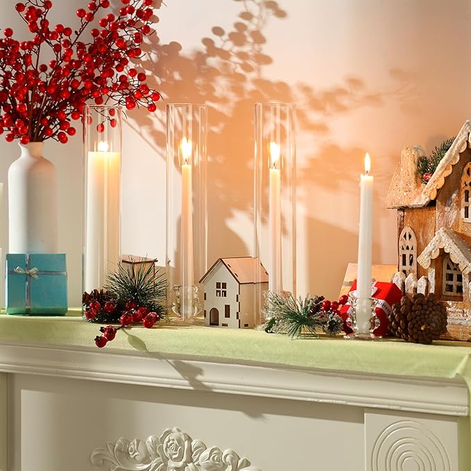 12 Set Christmas Glass Hurricane Candle Holders 12.6" Open Ended Glass Candleholder Tube Shape Bottomless and 2.2" Taper Clear Candlestick Holders for Wedding Party Table Centerpiece (Clear)