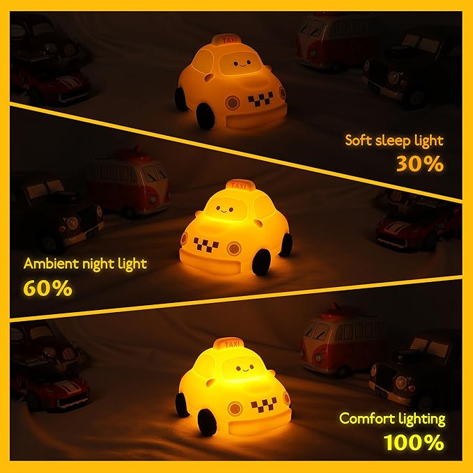 Car Night Light for Kids - 2-in-1 Dimmer & Timer, Rechargeable Squishy Silicone Baby Lamp, Cute Taxi Car Nightlight for Boys Girls Birthday Xmas Gifts Bedroom Decor Lamp