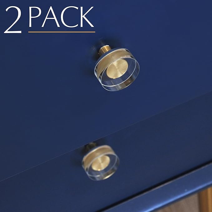 JEREVER 2 Pack Glass Crystal Knobs Brass Drawer Pull Cabinet Handle Gold Furniture Hardware for Dresser Kitchen (Round)
