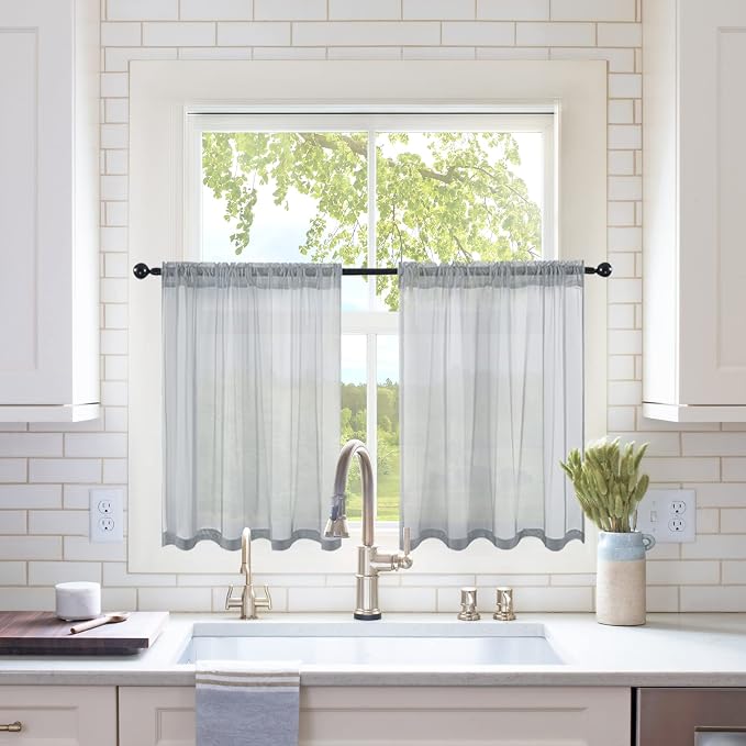 MIULEE 2 Panels Tiers Half Window Sheer Curtains 29 X 36 Inch Dark Grey | Rod by MIULEE