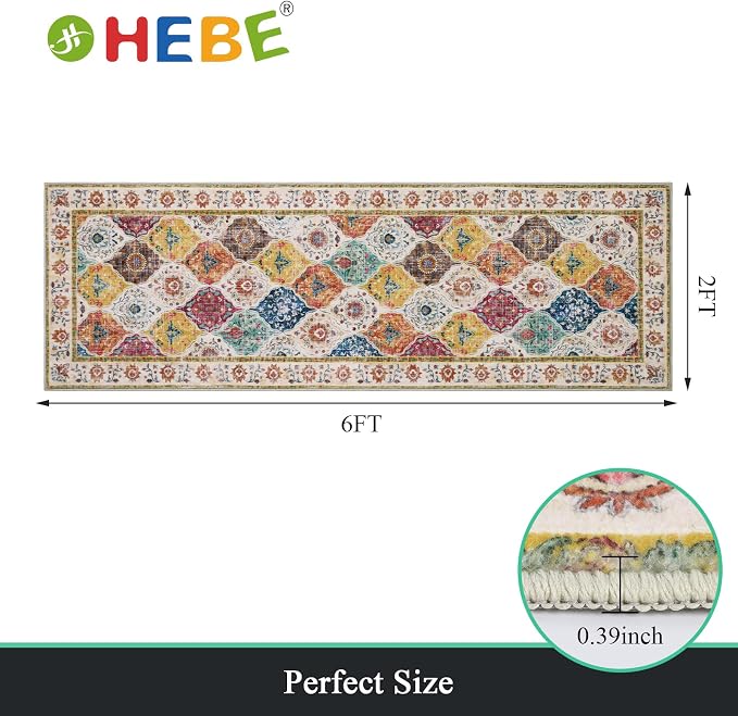 HEBE Hallway Runner Rug 2'x6', Washable Non Slip Kitchen Rug Runner | Soft Boho - Image 2