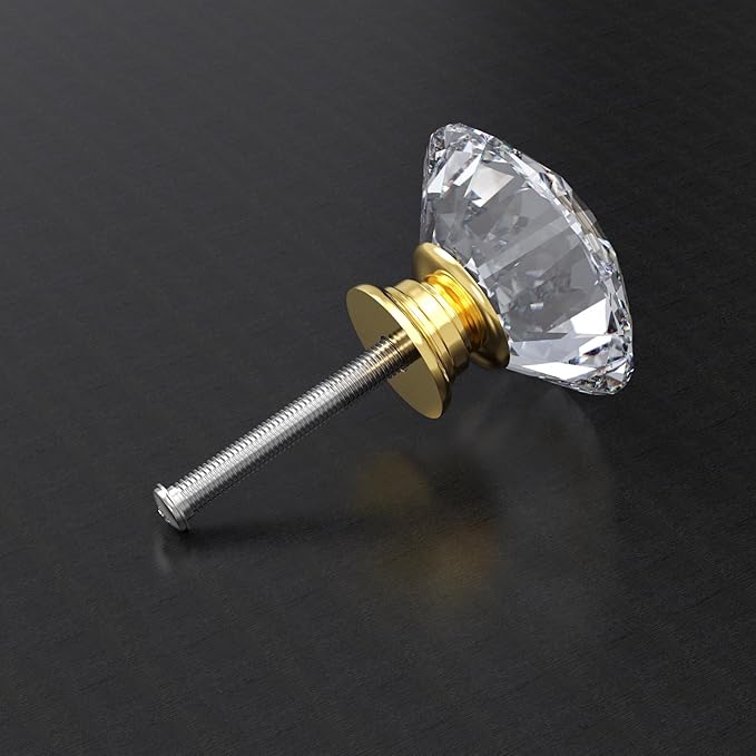 12-Pack Crystal Glass Cabinet Knobs for Home Decor, Vanity Drawers, Desks, Wardrobe Doors, Standard Screws Easy Installation for Home Refurbishment and Redecoration (Clear Crystal, 30mm, Gold Base)