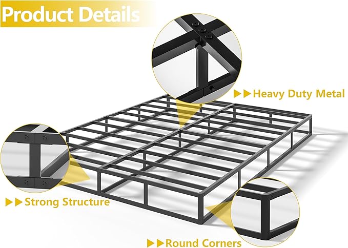 Qingzhou Box Spring Full Size Bed Bases, 7 Inch High Metal Full Size Box Spring Only, Heavy Duty Mattress Foundation with Fabric Cover, Easy Assembly, Quiet Noise Free, Non Slip, Black