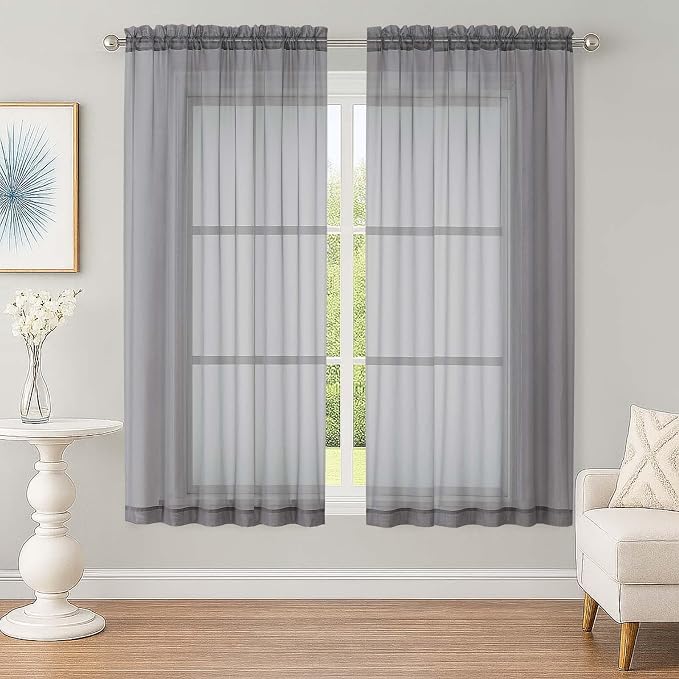 Sheer Grey Curtains, Sheer Curtains 63 inch Length 2 Panels Set, Rod Pocket by OWENIE