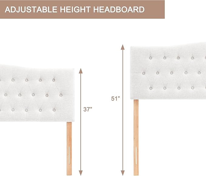 Tufted Upholstered Headboard King Size, Sturdy & Durable Solid Wood Bed headboard, Fabric Headboard Adjustable Height from 37” to 51”, Modern Button Diamond Design Head Board, White