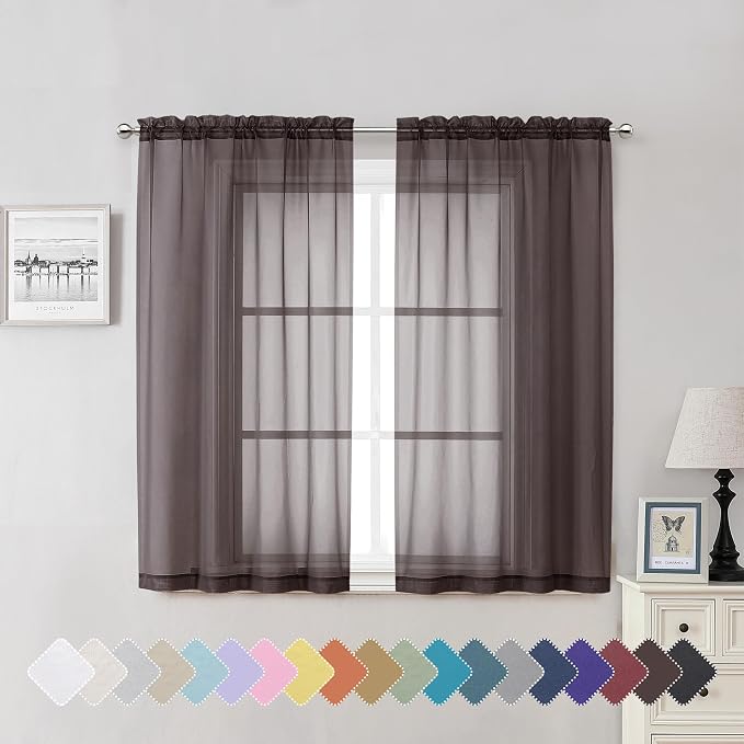 Chocolate Sheer Curtains 54 Inch Length 2 Panels, Voile Curtains by Lecloud