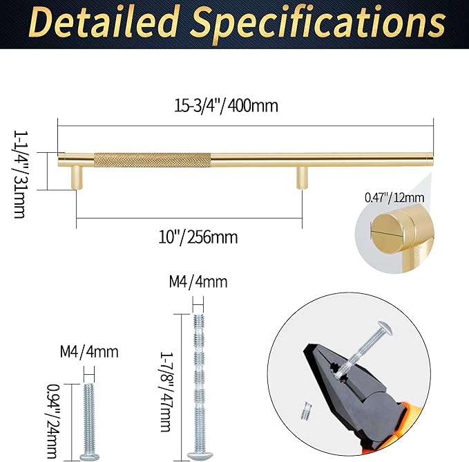 Knurled Cabinet Pulls 12 Pack, 16 Inch Long Cabinet Handles Metal Door Pulls, Kitchen Drawer Pull Knurled Dresser Handles - 10" Hole to Hole, Golden