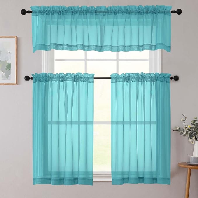 Kitchen Curtains 24 Inch Length Tier 2 Pieces, Turquoise Sheer Curtain Solid - Image 8