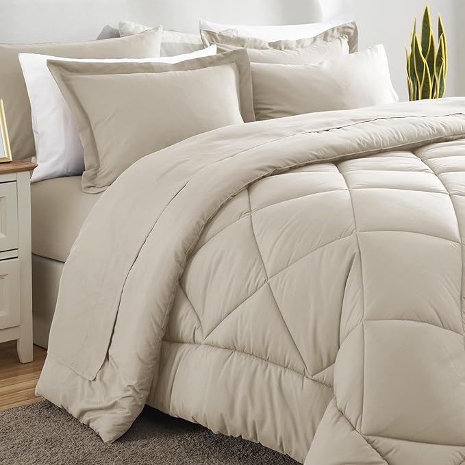 CozyLux Full Size Comforter Sets Oatmeal - 7 Pieces Bed in a Bag Full, Luxury Soft Bed Set for All Seasons, Bedding Set with Down Alternative Comforter, Sheets, Pillowcases & Shams